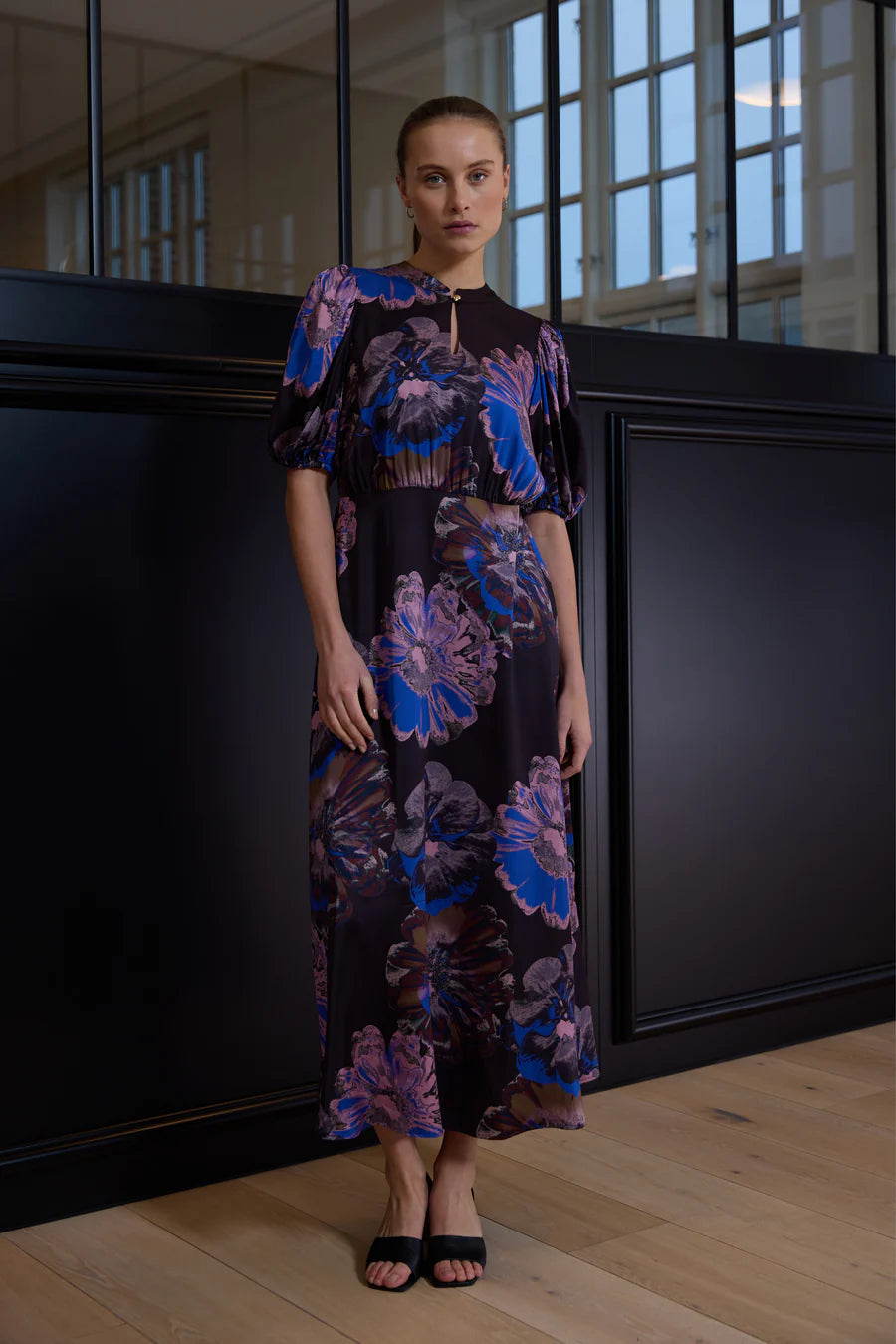 RDF Black Midi Dress with Blue & Lilac Floral Print