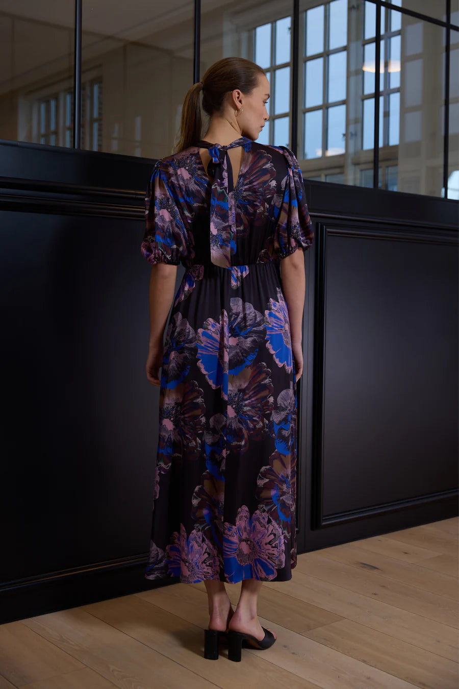 RDF Black Midi Dress with Blue & Lilac Floral Print