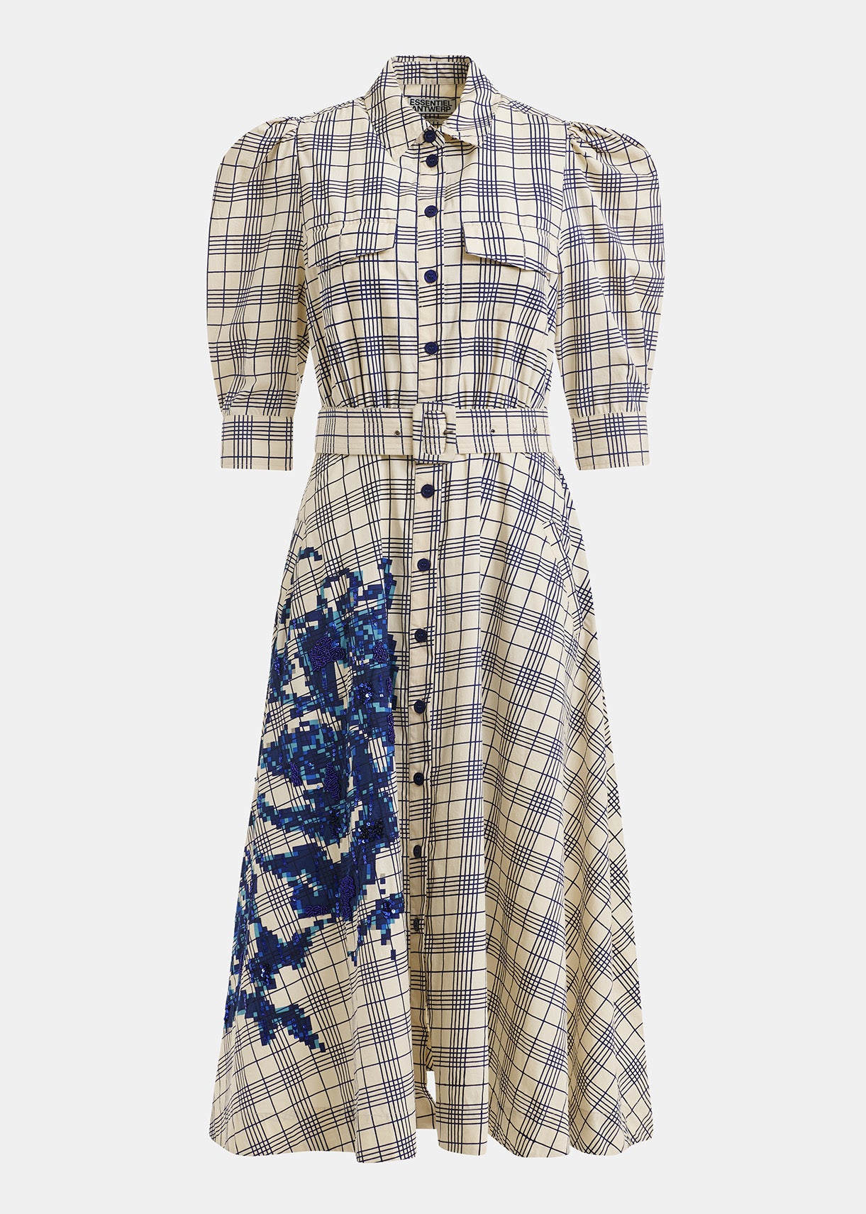Essentiel Antwerp Ivory & Navy Check Belted Shirt Dress