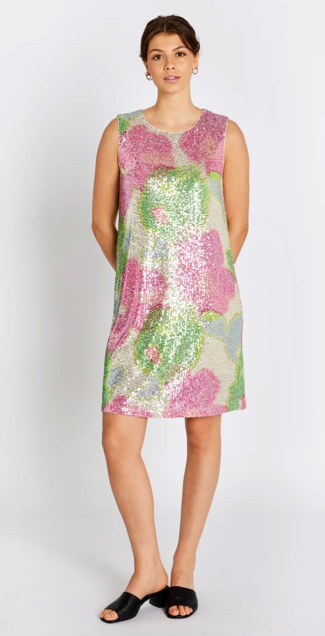 RDF Pink & Green Peony Print Sequin Shift Dress