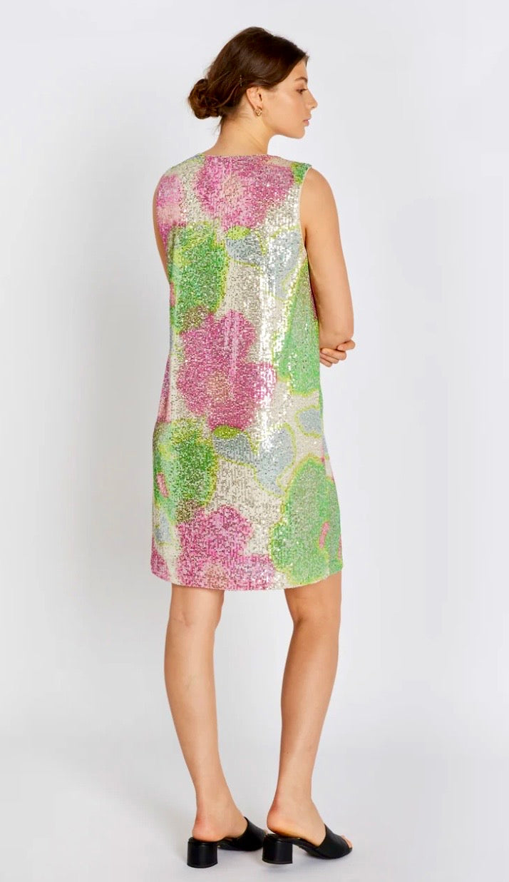 RDF Pink & Green Peony Print Sequin Shift Dress