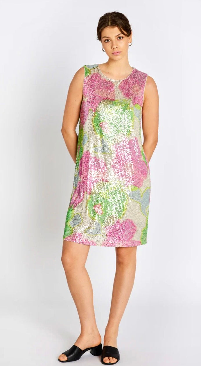 RDF Pink & Green Peony Print Sequin Shift Dress