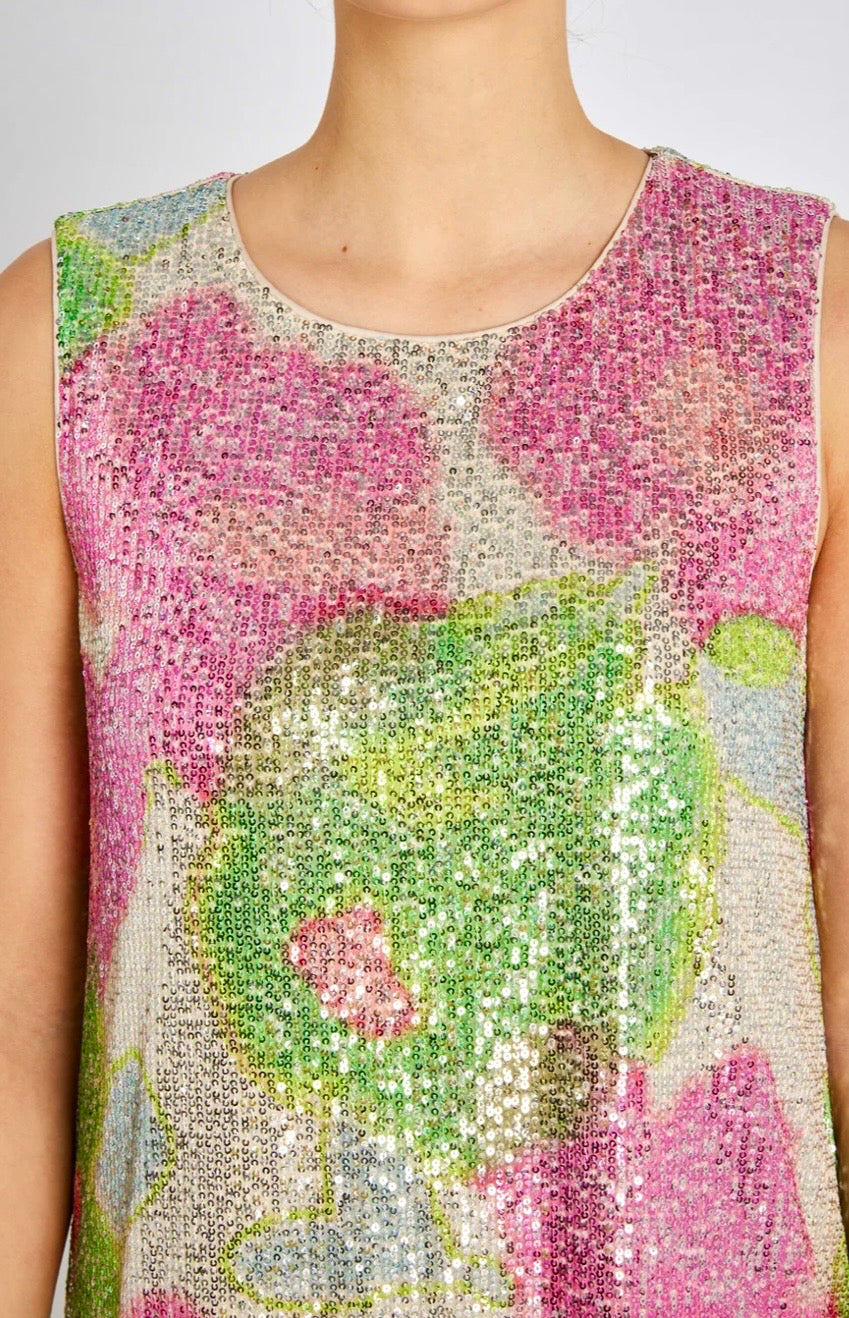 RDF Pink & Green Peony Print Sequin Shift Dress
