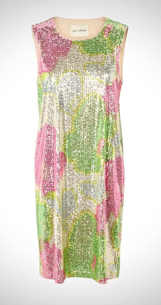 RDF Pink & Green Peony Print Sequin Shift Dress