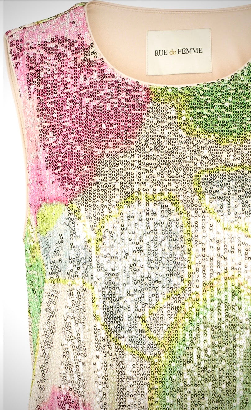 RDF Pink & Green Peony Print Sequin Shift Dress