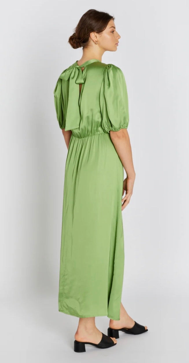 RDF Apple Green Satin Fluid MIDI Dress with Tie Bow back SYBIL Boutique RDF Apple Green Satin Fluid MIDI Dress with Tie Bow back SYBIL Boutique