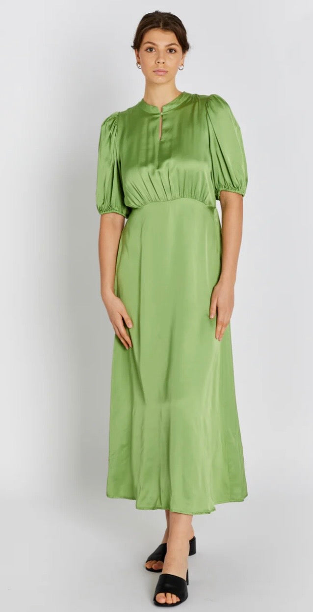 RDF Apple Green Satin Fluid MIDI Dress with Tie Bow back