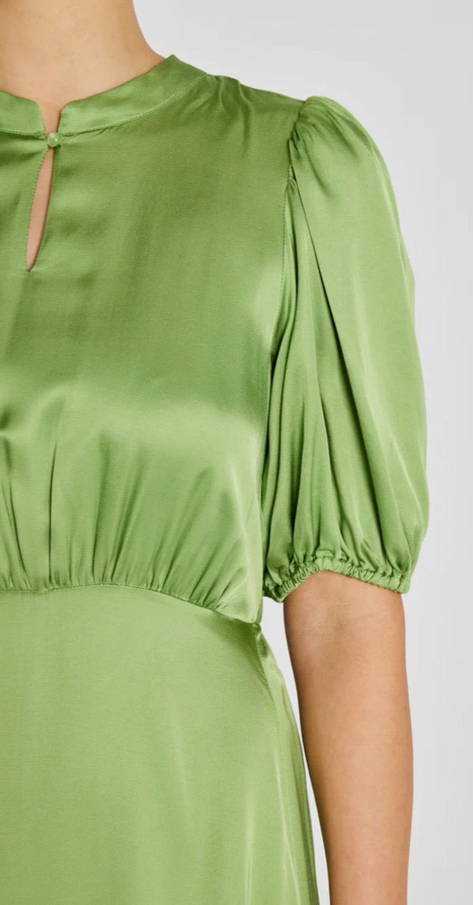 RDF Apple Green Satin Fluid MIDI Dress with Tie Bow back  SYBIL Boutique