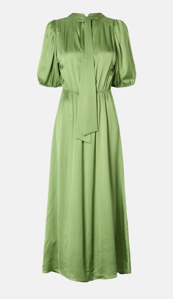 RDF Apple Green Satin Fluid MIDI Dress with Tie Bow back  SYBIL Boutique