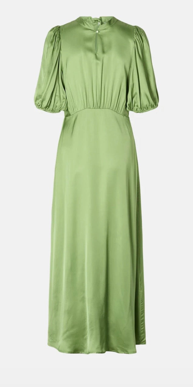 RDF Apple Green Satin Fluid MIDI Dress with Tie Bow back