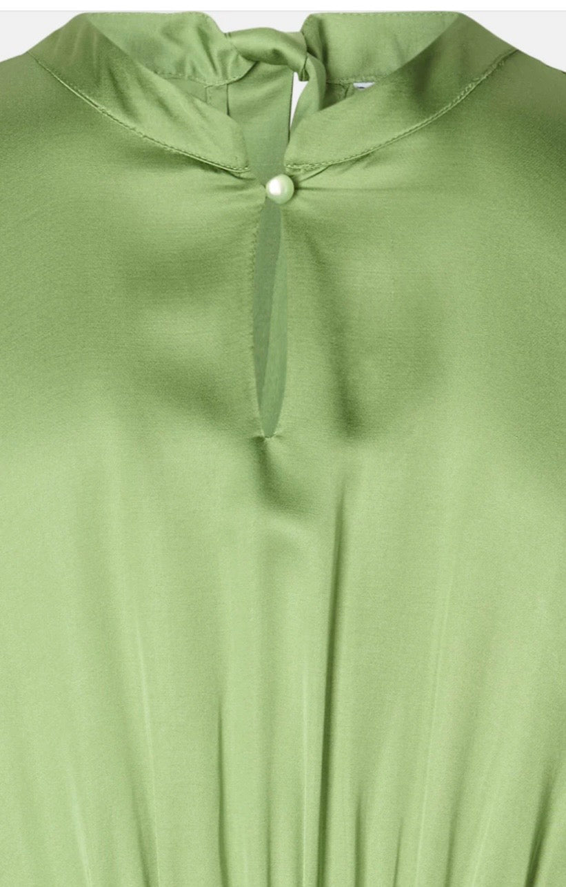 RDF Apple Green Satin Fluid MIDI Dress with Tie Bow back