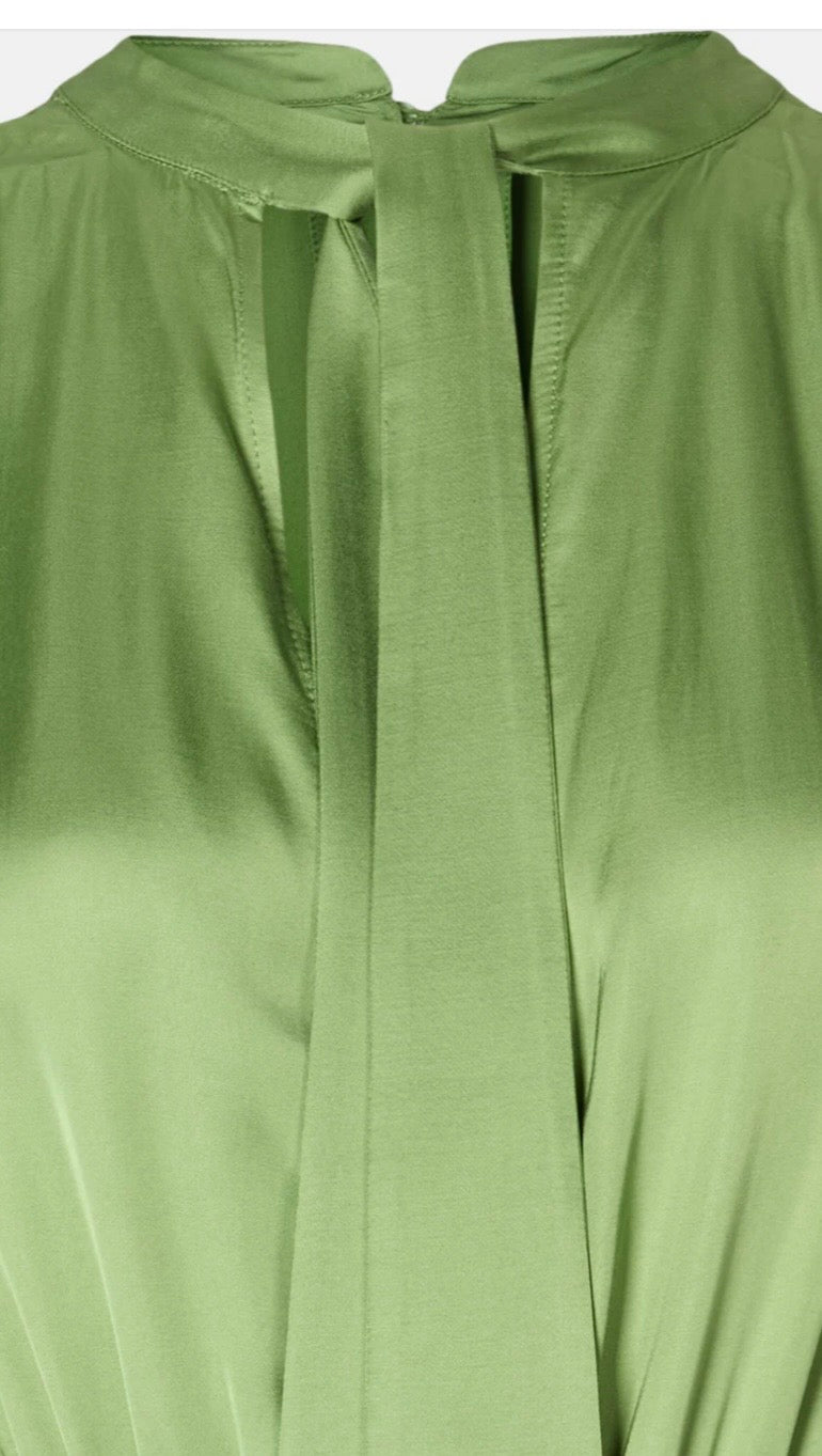RDF Apple Green Satin Fluid MIDI Dress with Tie Bow back