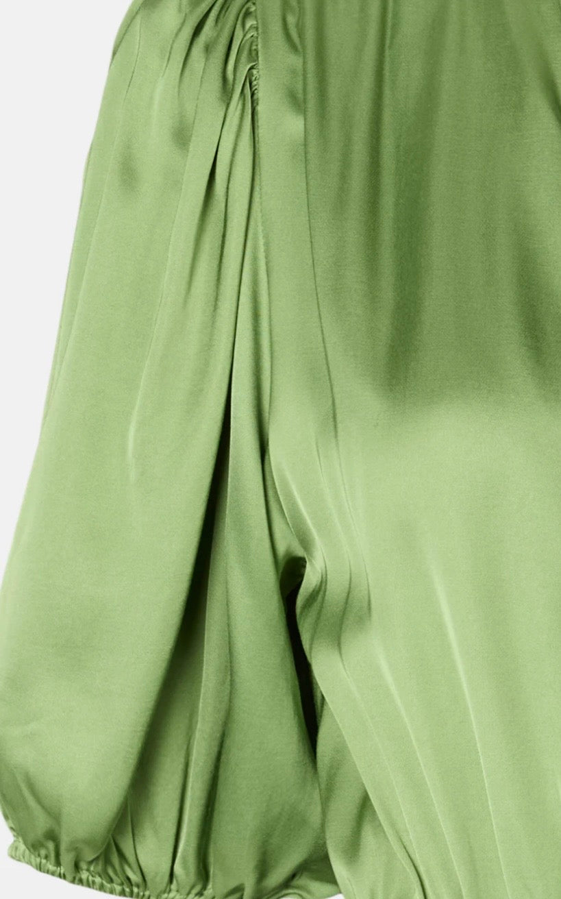 RDF Apple Green Satin Fluid MIDI Dress with Tie Bow back