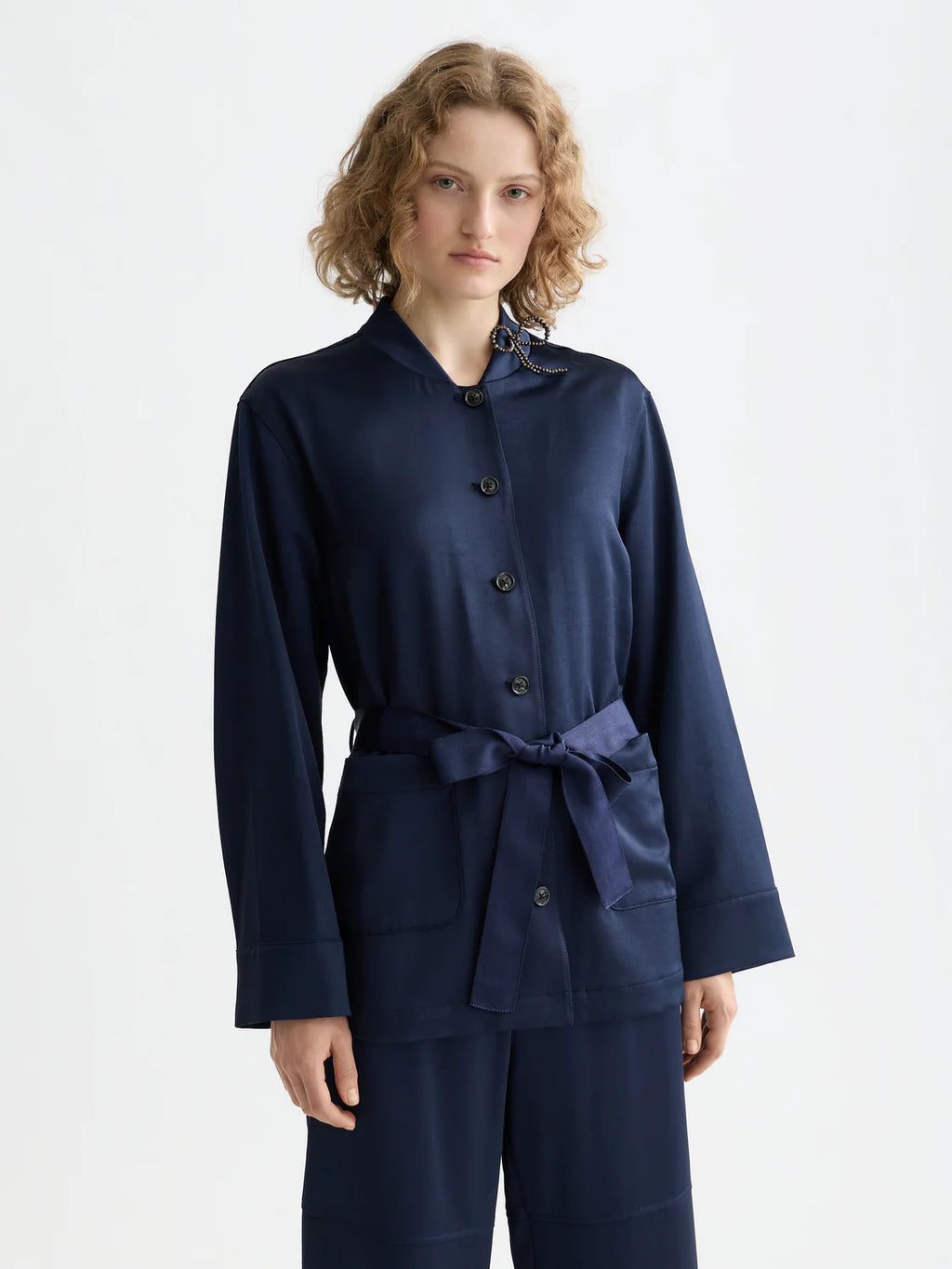 Scotch & Soda Navy Tailored Satin Blazer with Belt