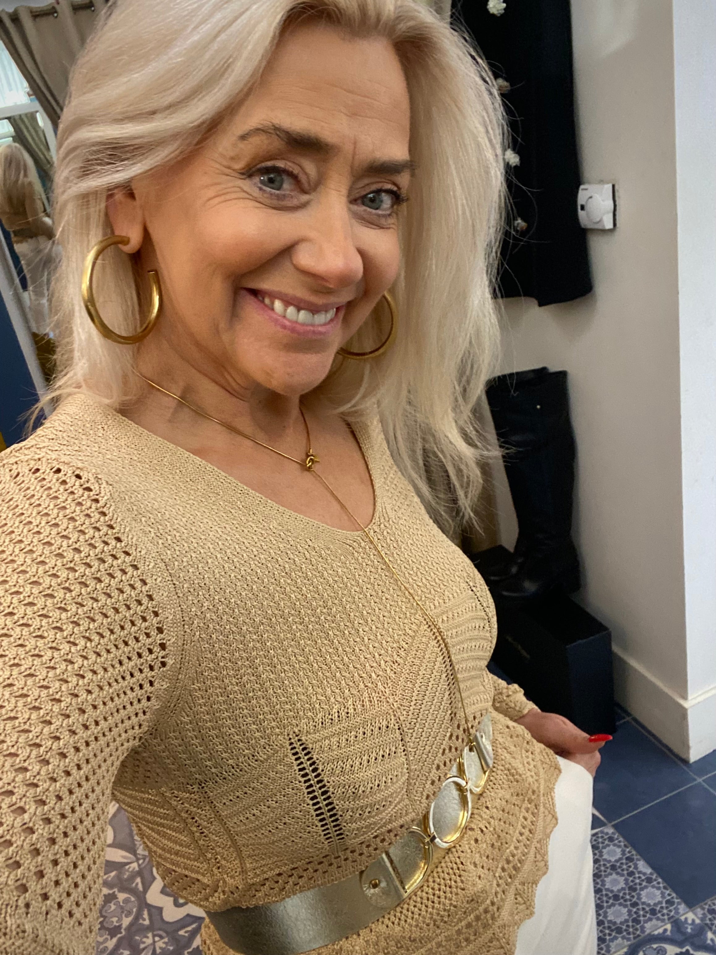 PennyBlack Gold Silk Crochet V-Neck Knit