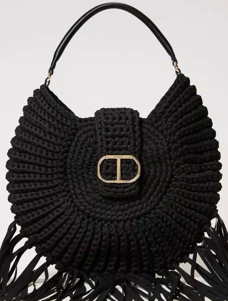 Twinset Milano Black Crochet Hobo Bag with Fringing