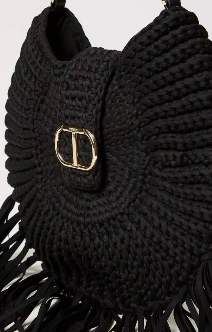 Twinset Milano Black Crochet Hobo Bag with Fringing