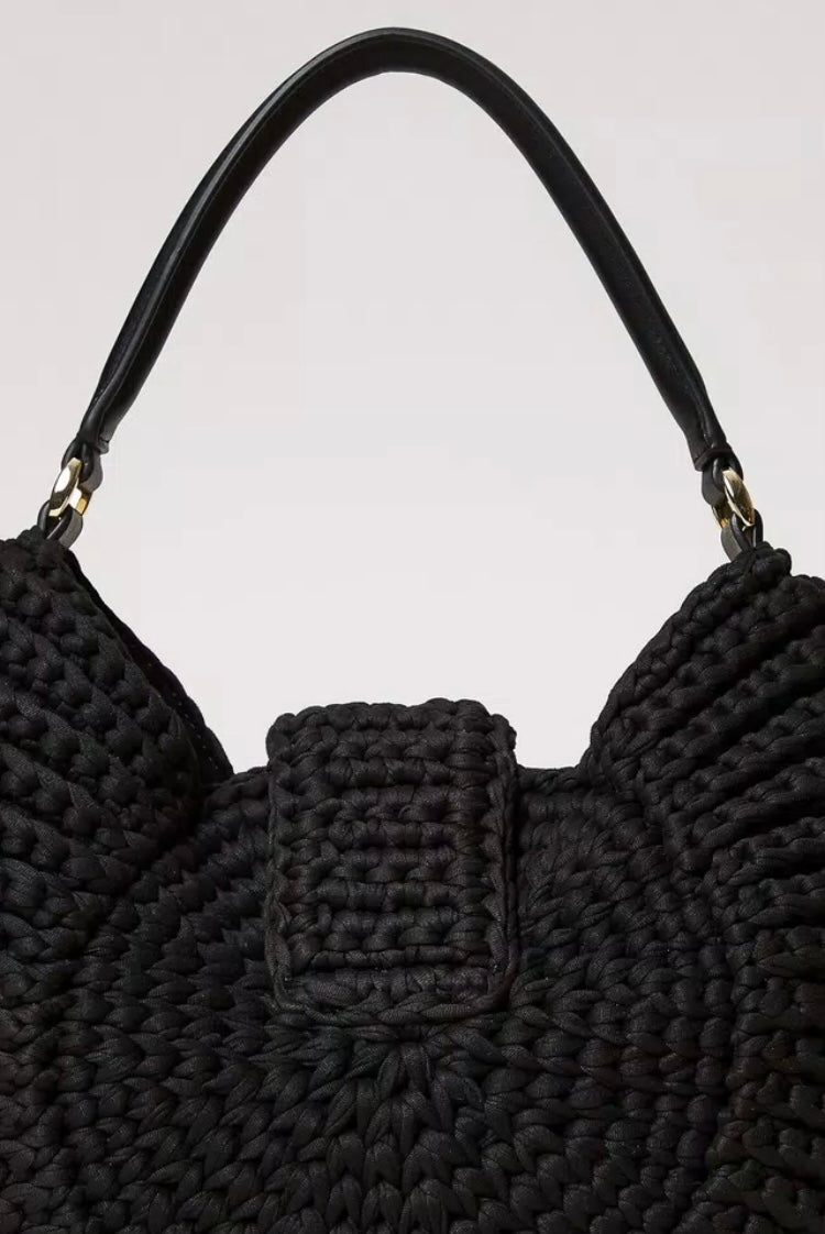 Twinset Milano Black Crochet Hobo Bag with Fringing
