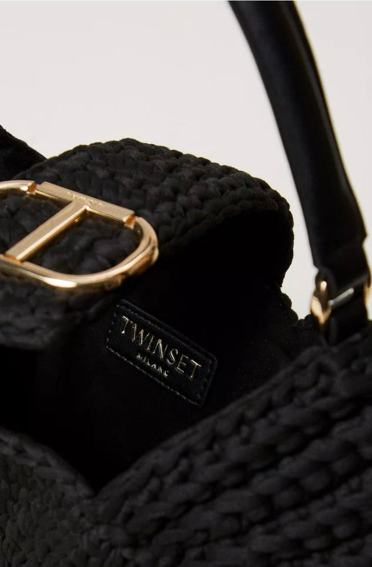 Twinset Milano Black Crochet Hobo Bag with Fringing