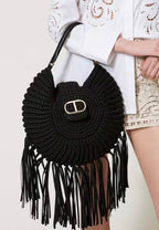 Twinset Milano Black Crochet Hobo Bag with Fringing