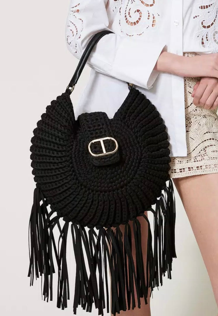 Twinset Milano Black Crochet Hobo Bag with Fringing