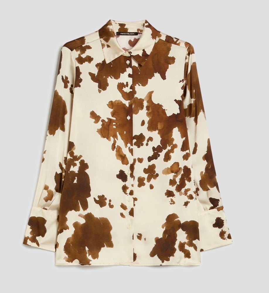 PennyBlack Cream / Tobacco/ Black Fluid Satin Classic Shirt