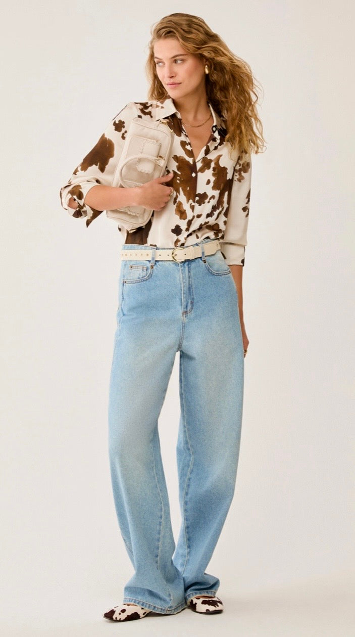 PennyBlack Cream / Tobacco/ Black Fluid Satin Classic Shirt