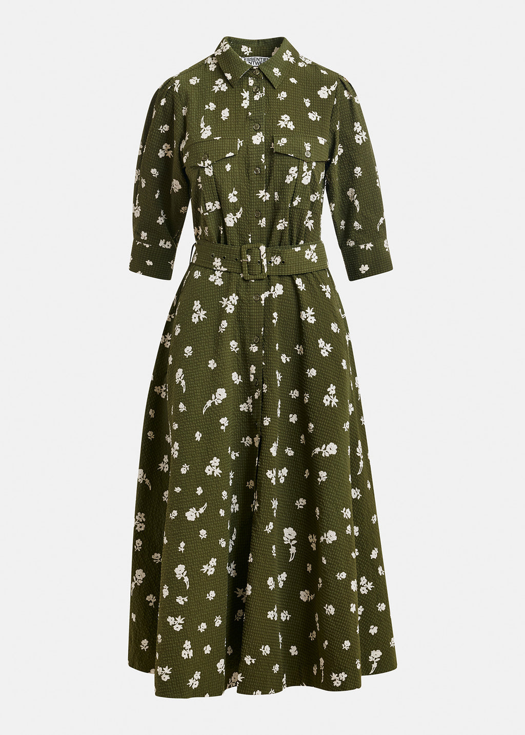 Essentiel Antwerp Olive Green Floral Belted Shirt Dress