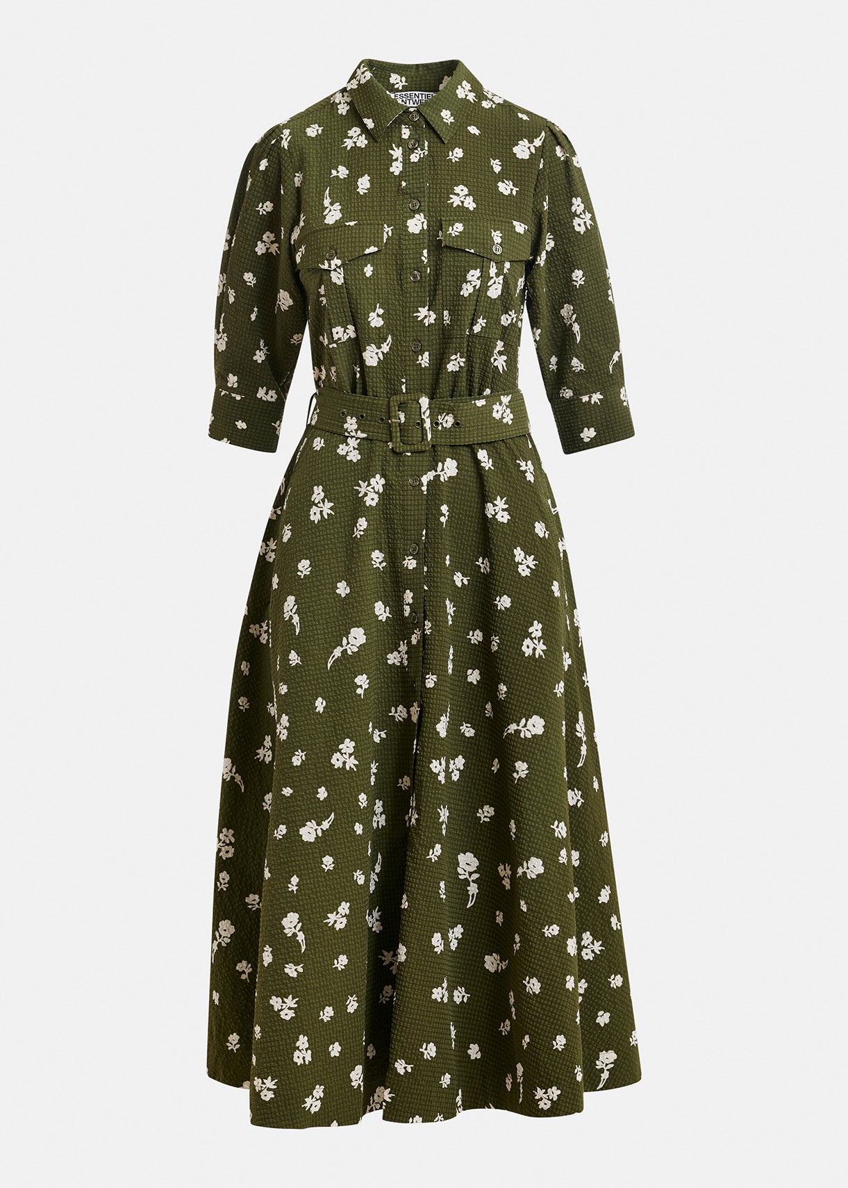 Essentiel Antwerp Olive Green Floral Belted Shirt Dress