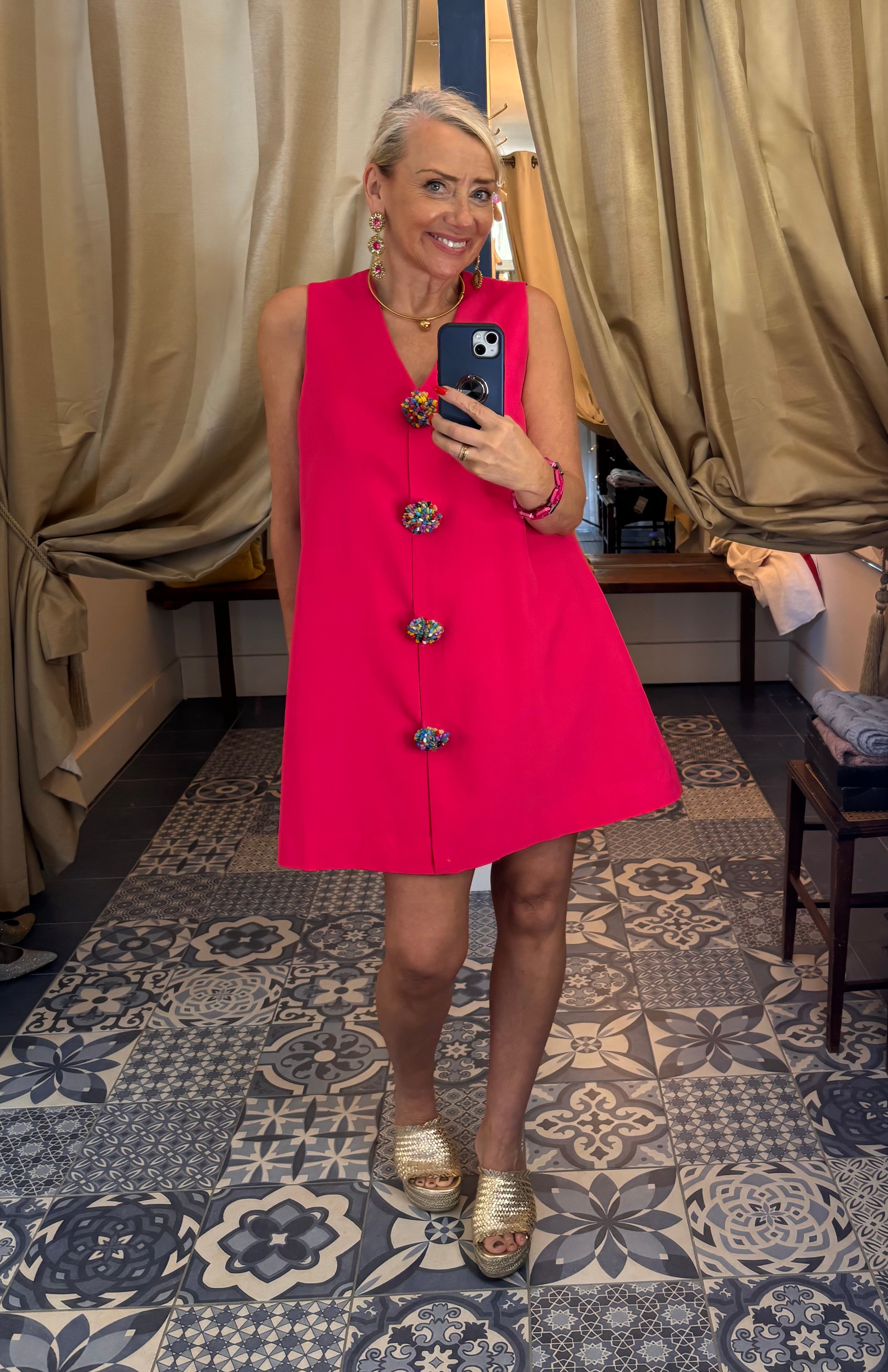 Compañía Fuchsia Mini Dress with V-Neck & Colourful Buttons