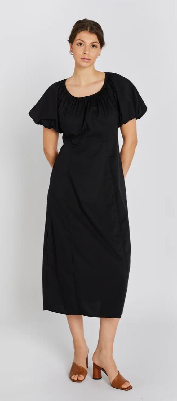 RDF Black Cotton Midi Dress with Puff Sleeves