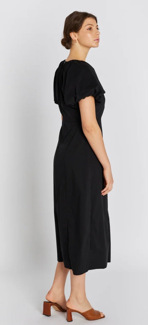RDF Black Cotton Midi Dress with Puff Sleeves