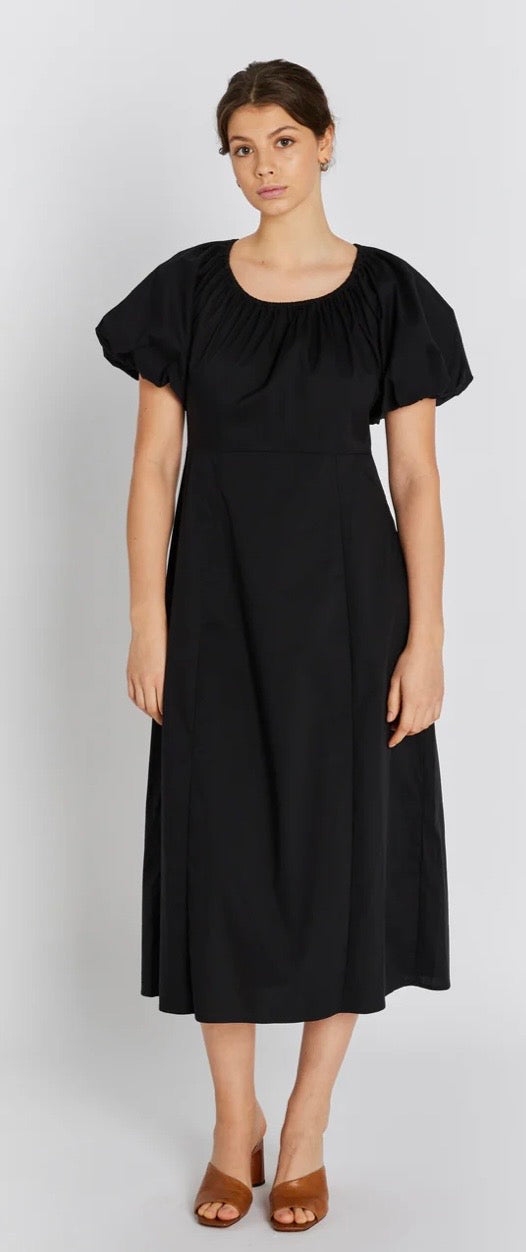 RDF Black Cotton Midi Dress with Puff Sleeves