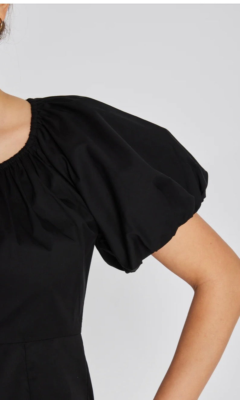RDF Black Cotton Midi Dress with Puff Sleeves