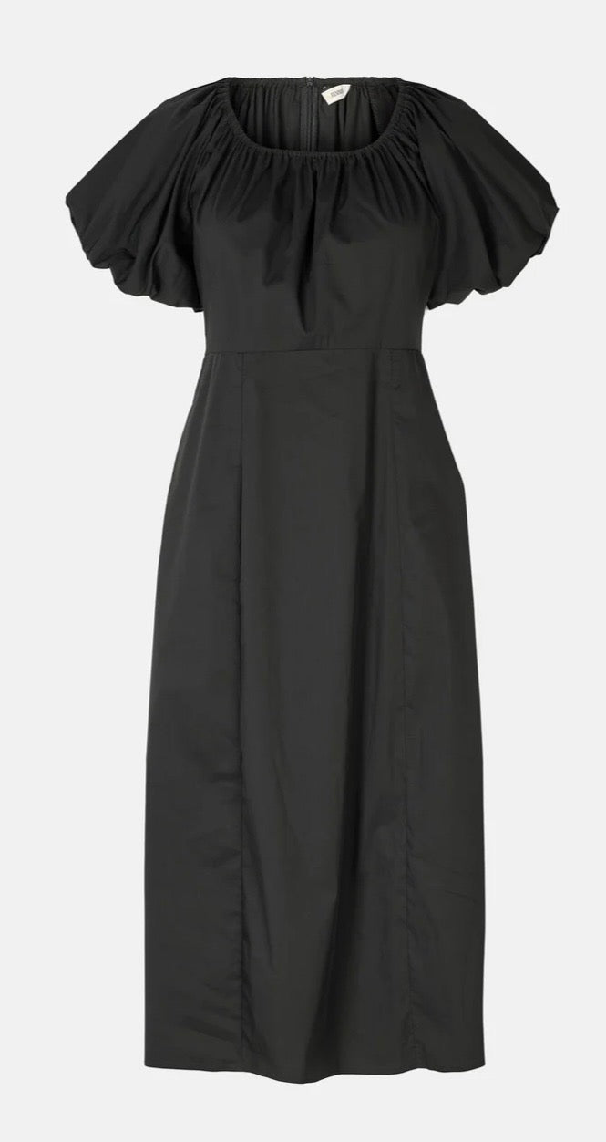 RDF Black Cotton Midi Dress with Puff Sleeves