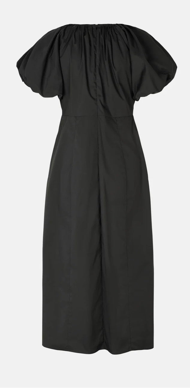 RDF Black Cotton Midi Dress with Puff Sleeves