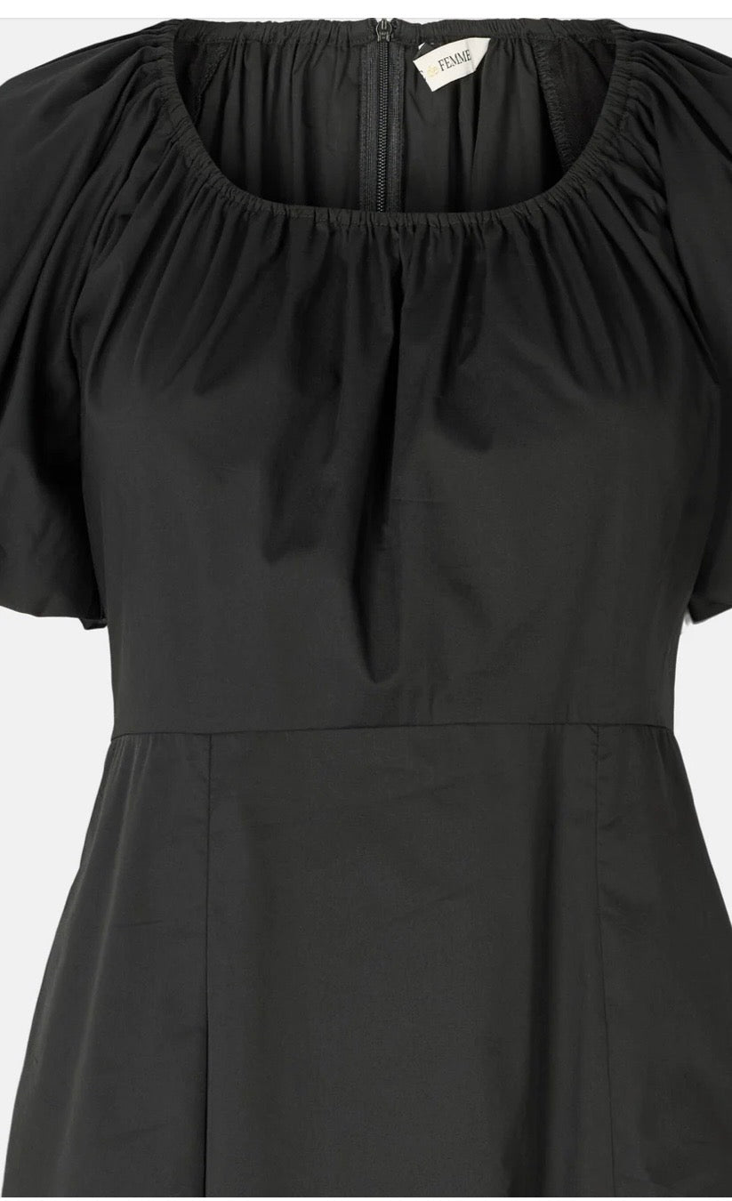 RDF Black Cotton Midi Dress with Puff Sleeves