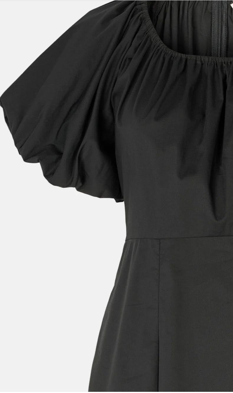 RDF Black Cotton Midi Dress with Puff Sleeves