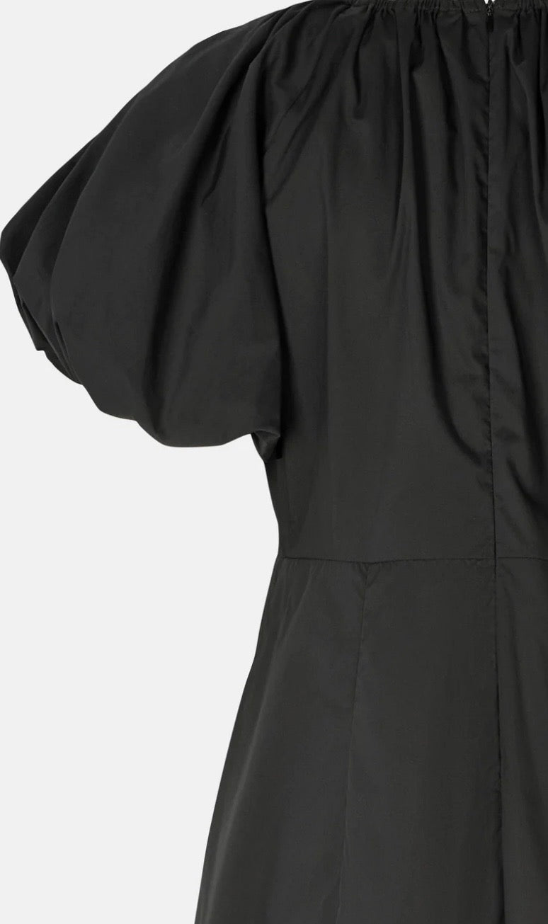 RDF Black Cotton Midi Dress with Puff Sleeves