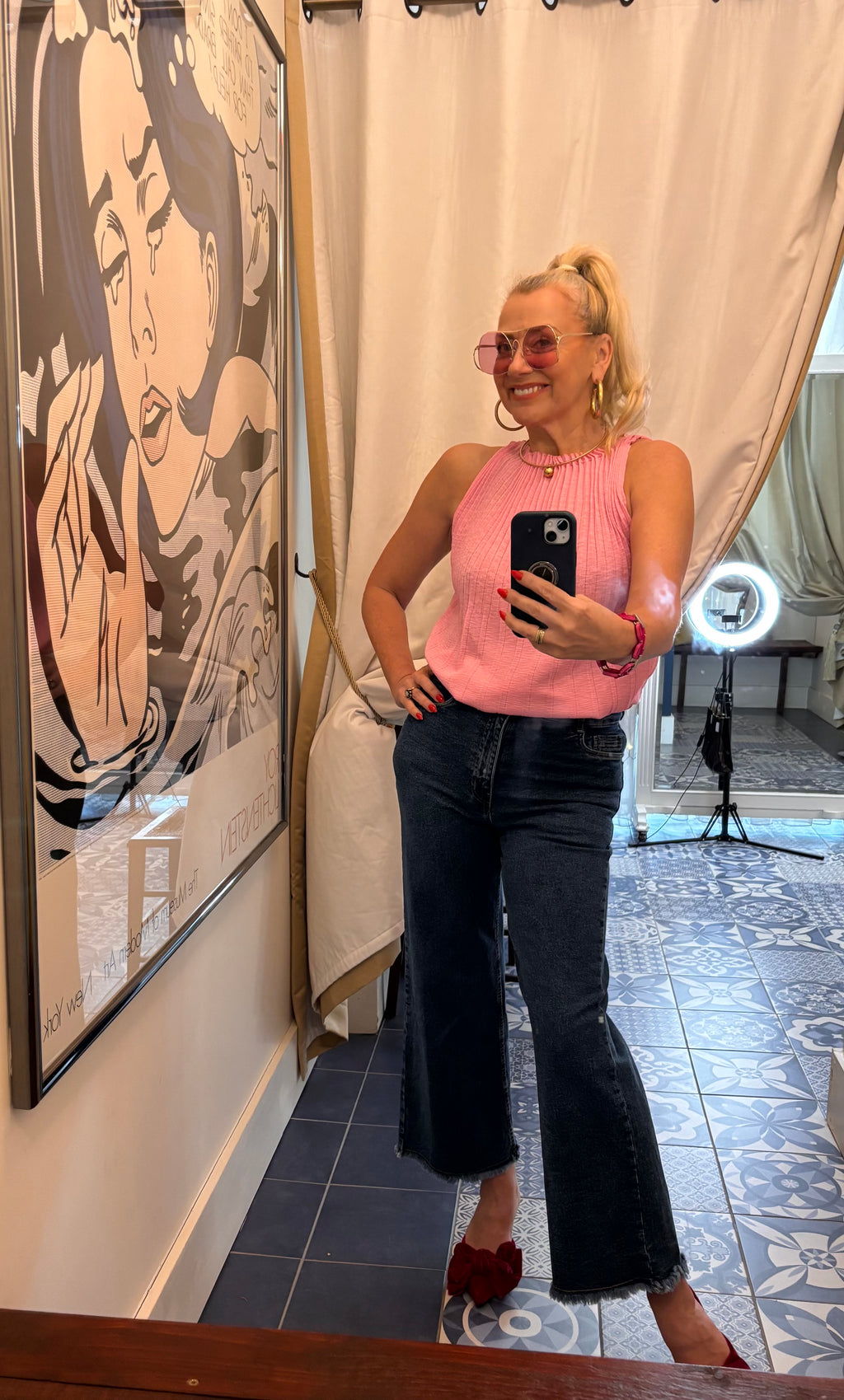 Compañía Pink Sleeveless Fine Knit Pleated Top