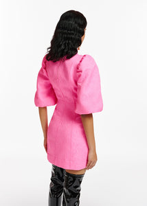 Essentiel Antwerp Bright Pink Jacquard Mini Dress with Puffed Sleeves