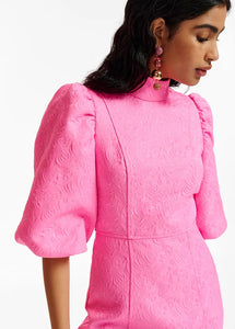 Essentiel Antwerp Bright Pink Jacquard Mini Dress with Puffed Sleeves