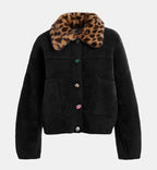 Essentiel Antwerp Black Furry Cardi-Jacket with Removable Leopard Faux Fur Collar