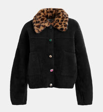 Load image into Gallery viewer, Essentiel Antwerp Black Furry Cardi-Jacket with Removable Leopard Faux Fur Collar
