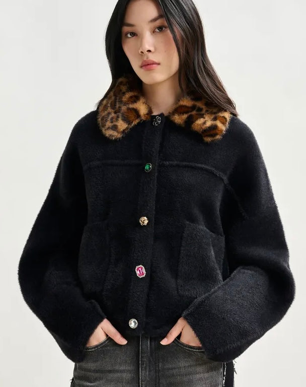 Essentiel Antwerp Black Furry Cardi-Jacket with Removable Leopard Faux Fur Collar