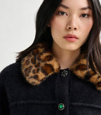 Essentiel Antwerp Black Furry Cardi-Jacket with Removable Leopard Faux Fur Collar