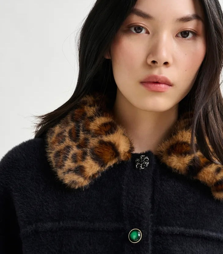 Essentiel Antwerp Black Furry Cardi-Jacket with Removable Leopard Faux Fur Collar