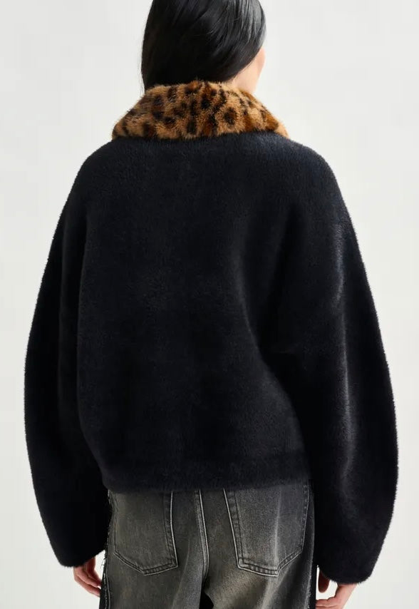Essentiel Antwerp Black Furry Cardi-Jacket with Removable Leopard Faux Fur Collar