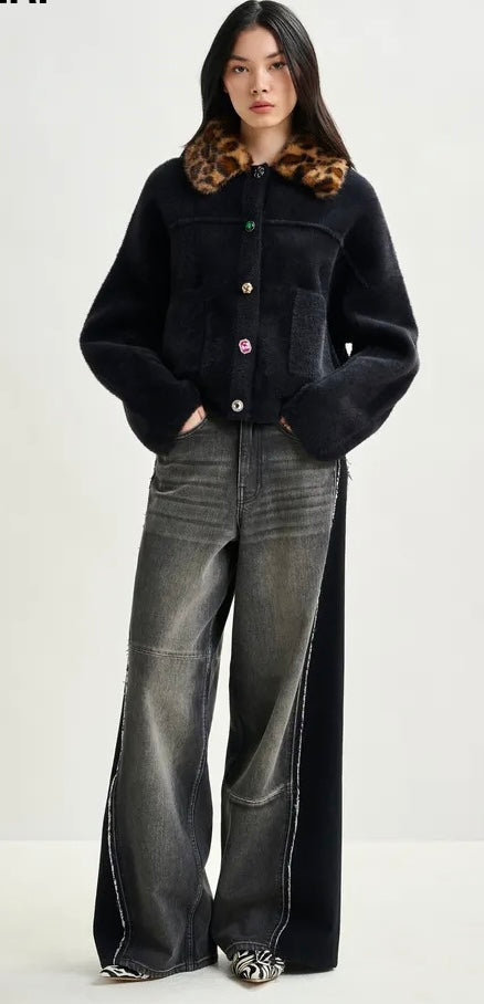 Essentiel Antwerp Black Furry Cardi-Jacket with Removable Leopard Faux Fur Collar