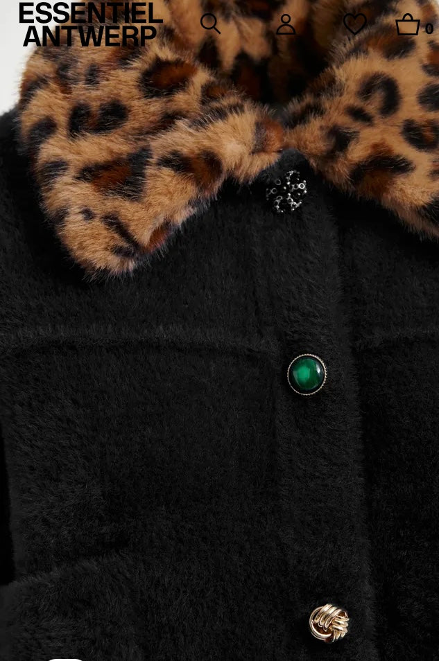 Essentiel Antwerp Black Furry Cardi-Jacket with Removable Leopard Faux Fur Collar